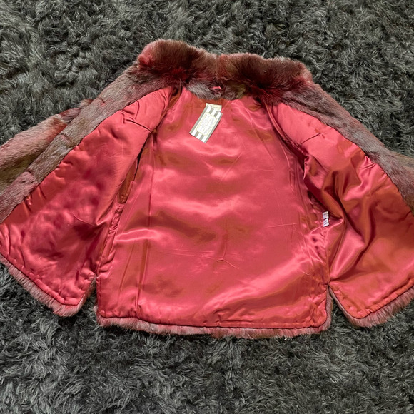 90s Y2K Burgundy Red Dyed Rabbit Fur Coat Luxury Womens M Soft Vamp Plush - Picture 7 of 9